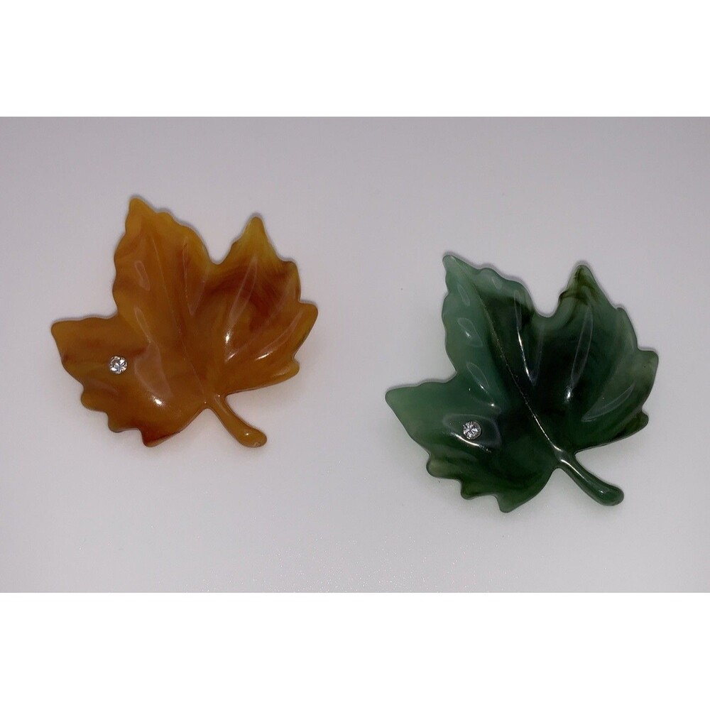 Vintage Avon Leaf Brooch Pair Green And Butterscotch Maple Leaf Pins Signed 80’s